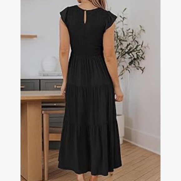 Zesica casual flutter short sleeve crew neck smocked elastic midi dress black S - Picture 3 of 6